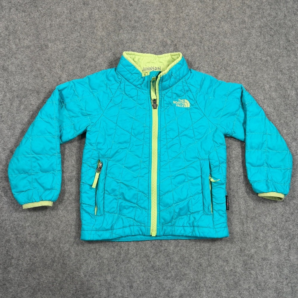 The North Face Girls Sky Blue Melon Green Quilted Full Zip-Up Jacket Size 3T